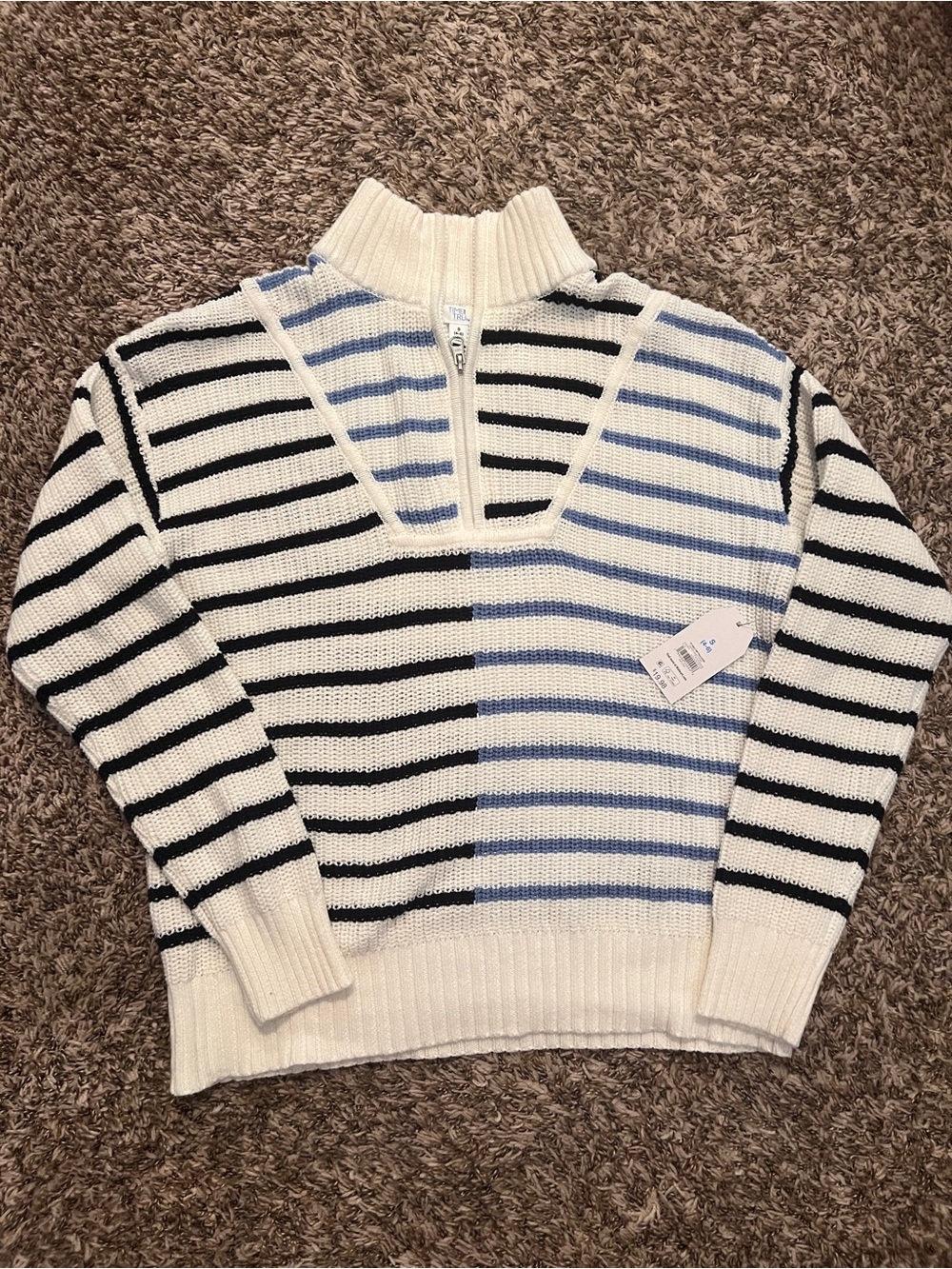 Time and Tru Striped Half-Zip Turtleneck Sweater in Cream, Black & Light Blue